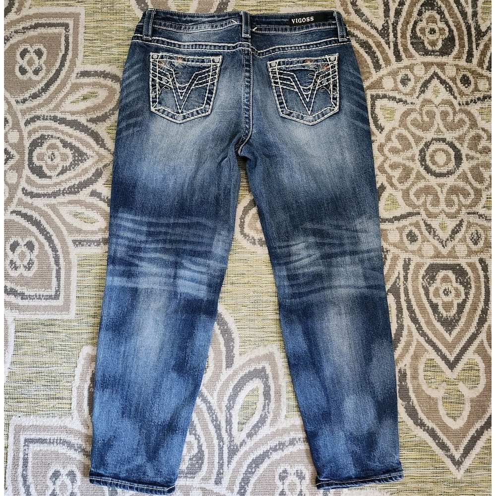 VIGOSS Chelsea Capri Jeans Sz 7/8 L25 Heritage Fit Distressed Embroidered - Picture 3 of 14